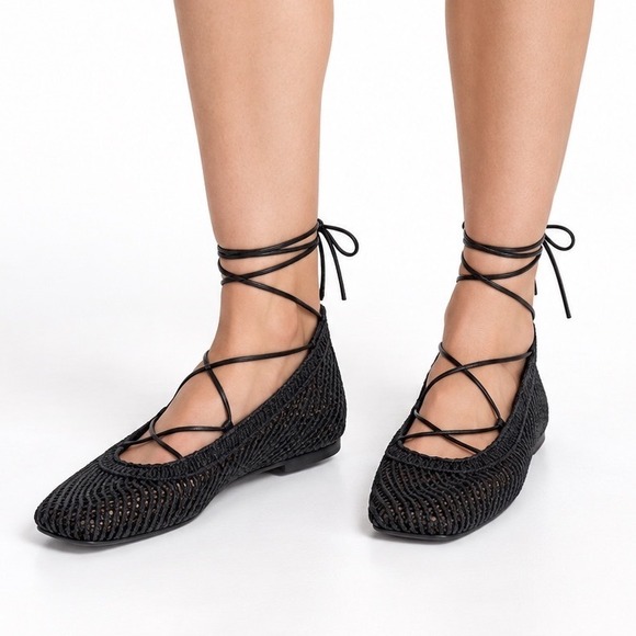Shoes - Vintage Y2K Black Woven Crochet Lace Up Ballet Flats Women's Size 7